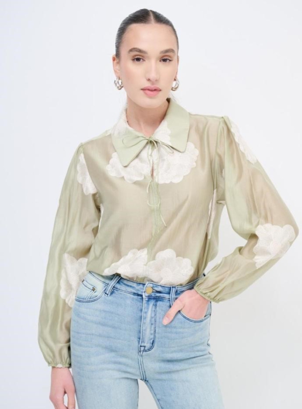 Bluse mit gestickten Blumen und mit Bindedetail  Beige-Olive